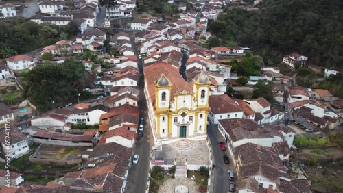 aerial drone view church historic city Ouro Preto Brazil Minas Gerais