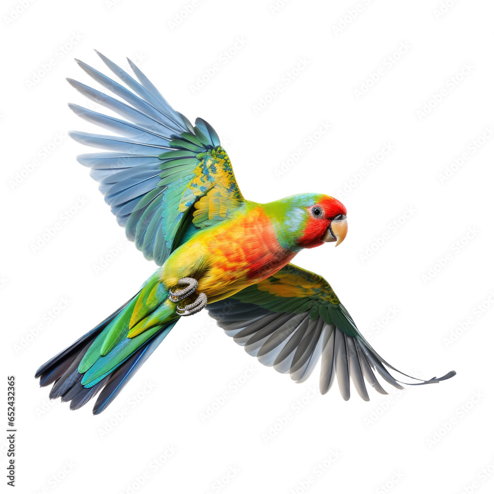 Fototapeta premium Edward's Fig Parrot in-flight in a Nature-themed, side view, photorealistic illustration in a transparent PNG, cutout, and isolated. Generative ai