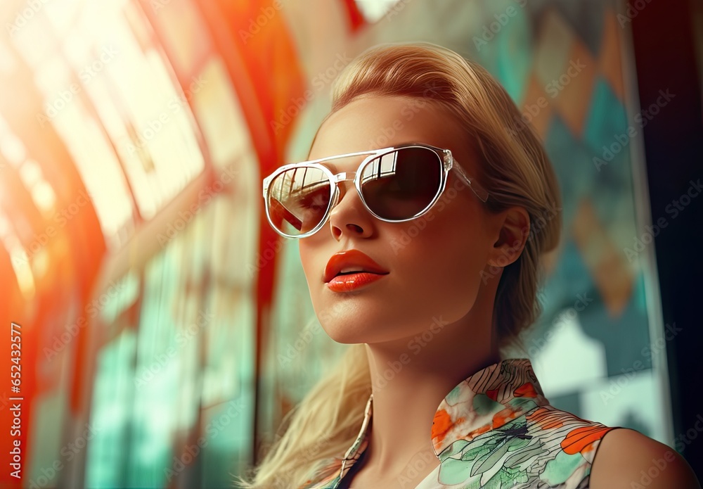 Closeup fashion portrait of a girl wearing sunglasses. Pretty female model. Stylish woman. Illustration for a postcard, postcard, interior design, banner, flyer, poster or print.