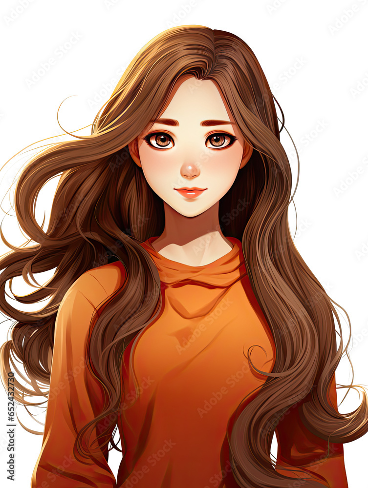 Beautiful cartoon woman wearing an orange shirt with golden hair