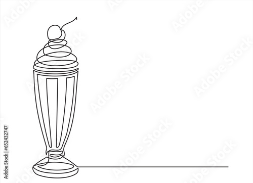 Continuous line drawing of cocktail  glass with Strawberry milkshake and maraschino cherry 