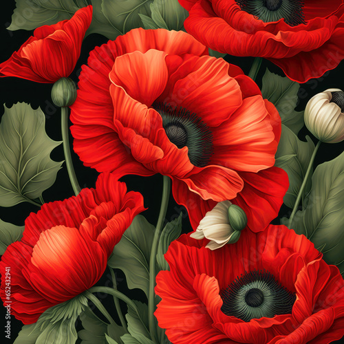 Realistic red poppy flowers background, vector style illustration. Generative AI