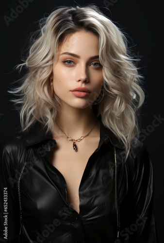 A blonde woman with black lips on a cat eye  highlighted by sterling silver.