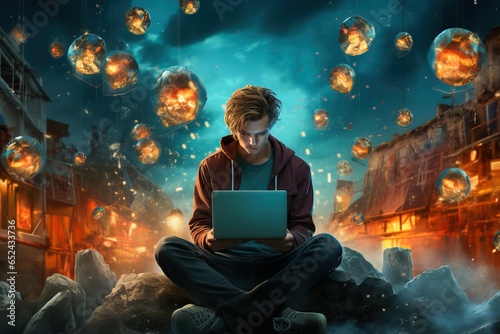 Young man connected with a laptop