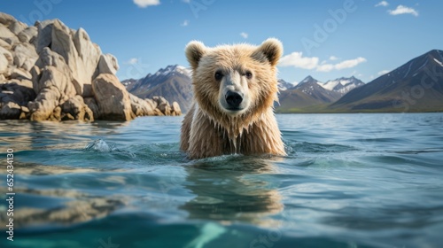 Cute Polar Bear Cub swimming in water 
