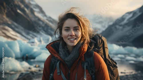 Hiker Woman with her backpack, travel, beautiful mountains