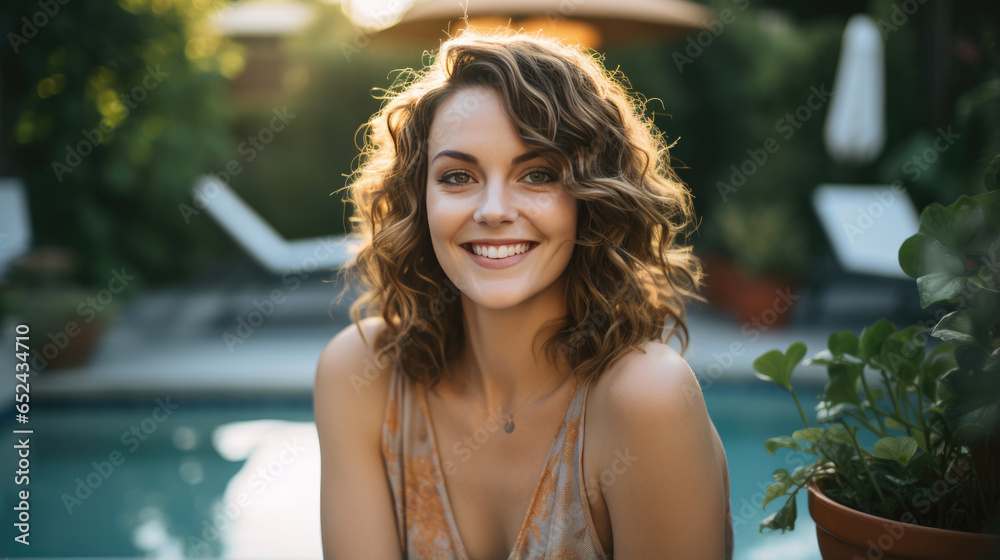 Smiling woman relaxes at an expensive resort with a private pool in the background Smiling woman relaxes at an expensive resort with a private pool in the background