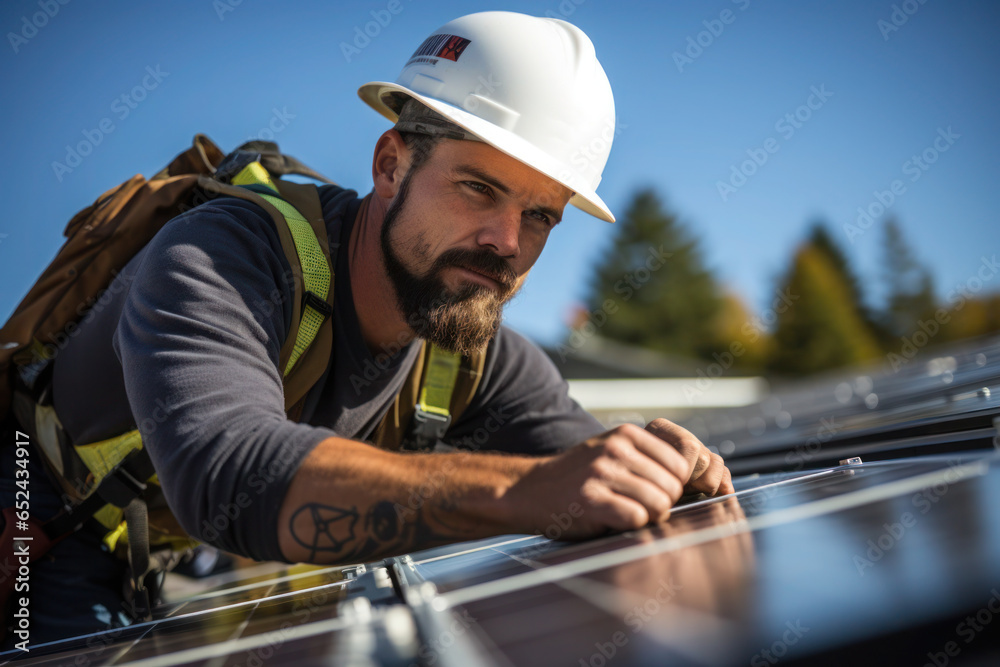 Worker installing solar panels, renewable energy Worker installing solar panels, renewable energy