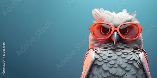 Creative animal concept.an owl wearing sunglasses on a blue background, digital art, faceted, copy space. Generative AI © kabir