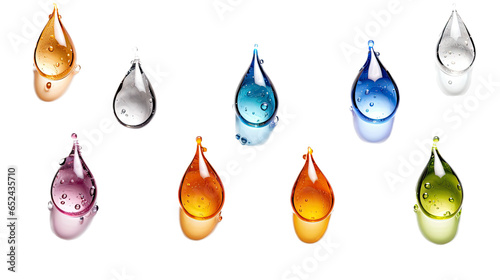 Essential oil drops in various colors  in an isolated and transparent PNG in a Therapeutic-themed  photorealistic illustration. Generative ai