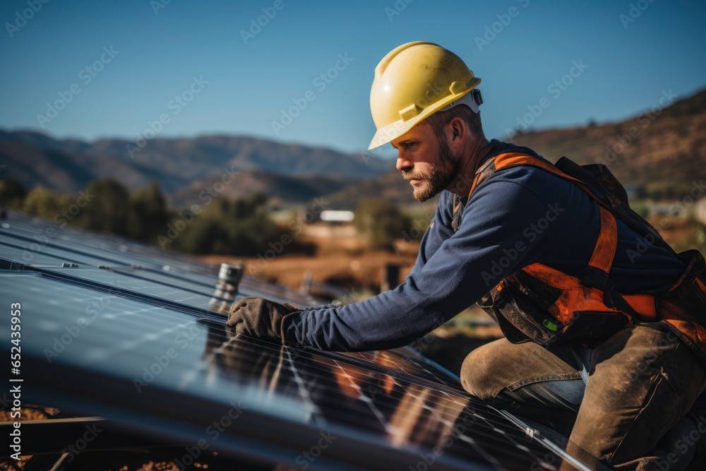 Worker installing solar panels, renewable energy Worker installing solar panels, renewable energy