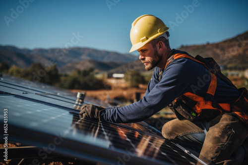 Worker installing solar panels, renewable energy