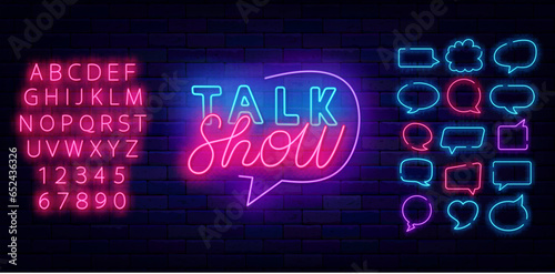 Talk show neon signboard. Shiny pink alphabet. Speech bubbles frames. Podcast and interview. Vector stock illustration