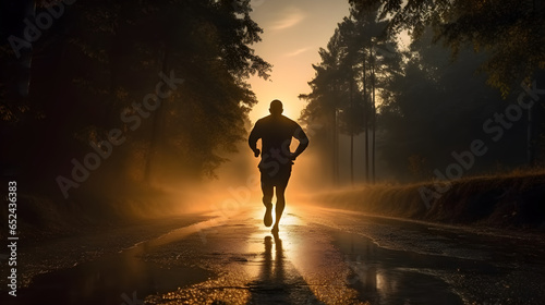 Fotografia, Obraz A man is running on a forest road after rain