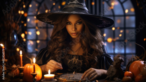 Young woman in a witch costume for Halloween.
