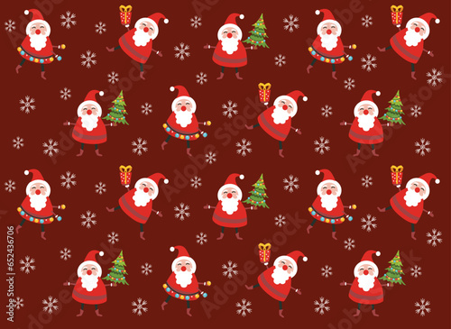 christmas pattern with holiday details (santa claus,snowflake, gifts, balls, candy, christmas tree). Vector illustration