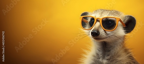 Creative animal concept.a meerkat wearing sunglasses on an orange background, digital art, faceted, copy space. Generative AI  photo
