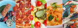 Collage of various plates of food Mediterranean cuisine. Healthy food.