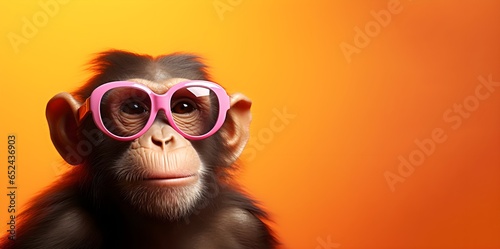 Creative animal concept. a monkey wearing pink glasses on an orange background , digital art, faceted, copy space. Generative AI © kabir
