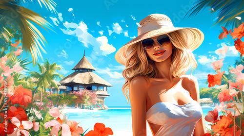 Obraz na płótnie Illustration of a beautiful woman on vacation on a tropical island w salonie