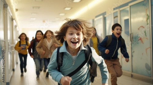 Elementary school children running in the school hallway smiling face, Generative AI