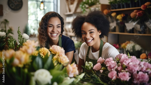 Portrait of two happy women working in flower shop © MP Studio