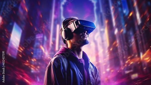 Young man with virtual reality headset or 3d glasses over night city background