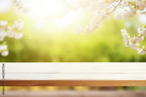 Wooden table with branches of a blooming apricot tree on a beautiful blurred spring background.