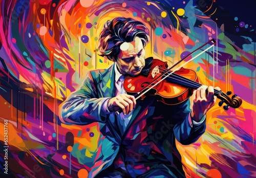 Musician playing the violin in the style of a watercolor drawing. Colorful picture of a violinist. Illustration for cover, card, postcard, interior design, decor or print. photo