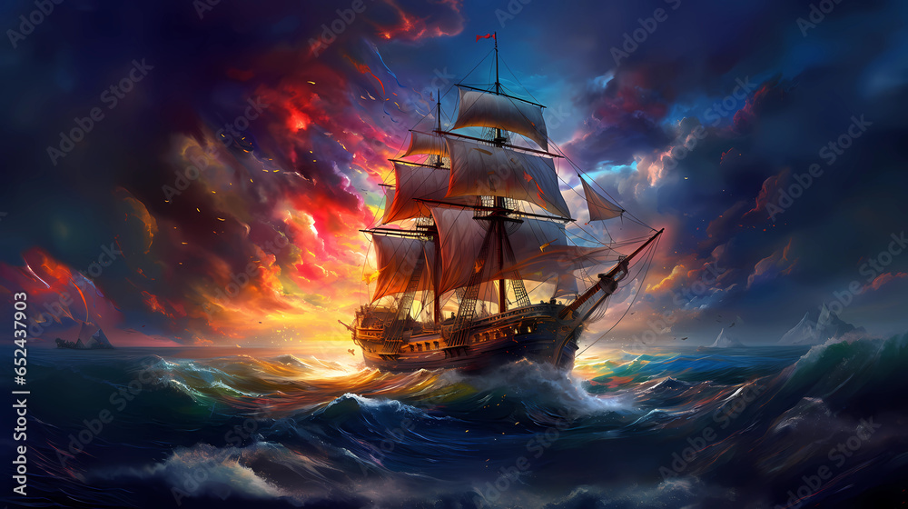 Illustration of a boat sailing towards the lighthouse during a storm