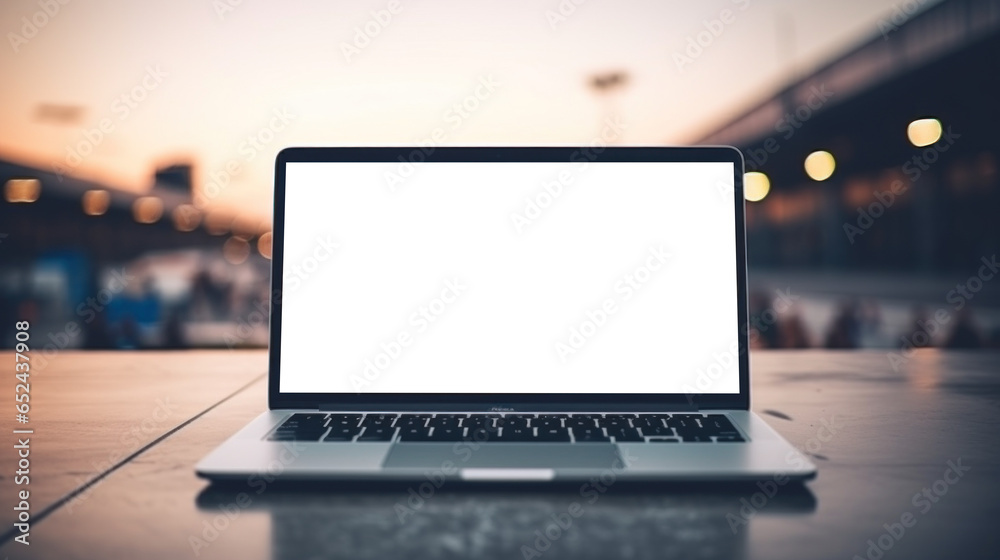 mockup image of laptop with blank transparent screen, on the table by people and sheds in a cozy bus station or railway terminal environment furnishings. Ideal for travel website marketing and adverti mockup image of laptop with blank transparent screen, on the table by people and sheds in a cozy bus station or railway terminal environment furnishings. Ideal for travel website marketing and adverti