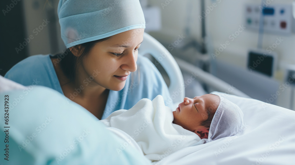 Generative AI, woman holding a newborn baby in her arms in the delivery ...