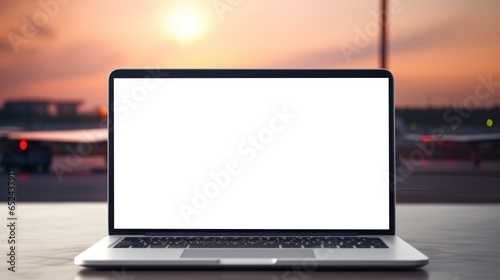 mockup image of laptop with blank transparent screen, on the table by the landing strip and airplanes in an airport environment furnishings. Ideal for travel website marketing and advertising © Аrtranq