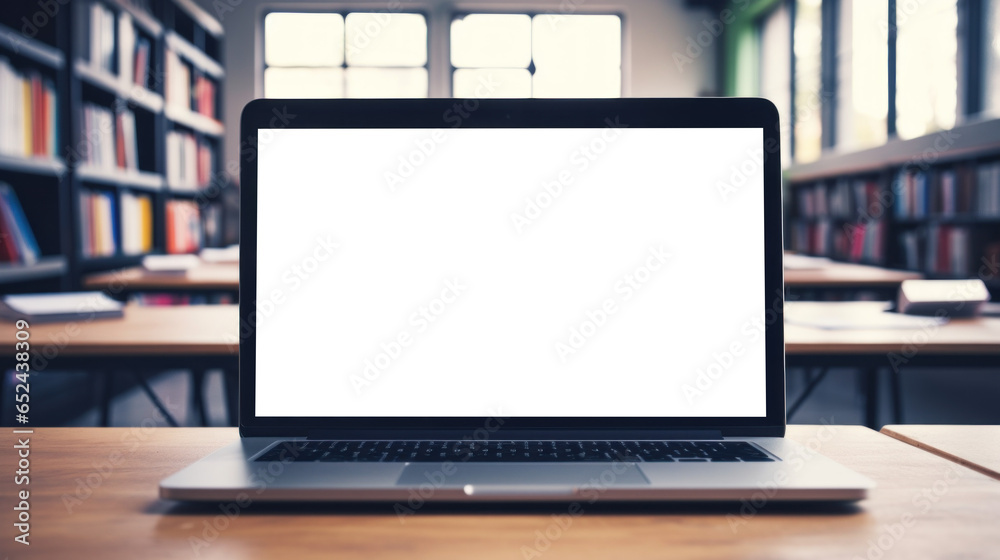 mockup image of laptop with blank transparent screen, on the table by the notebooks and textbooks in a cozy school classroom environment furnishings. Ideal for educational school and university websit - obrazy, fototapety, plakaty 