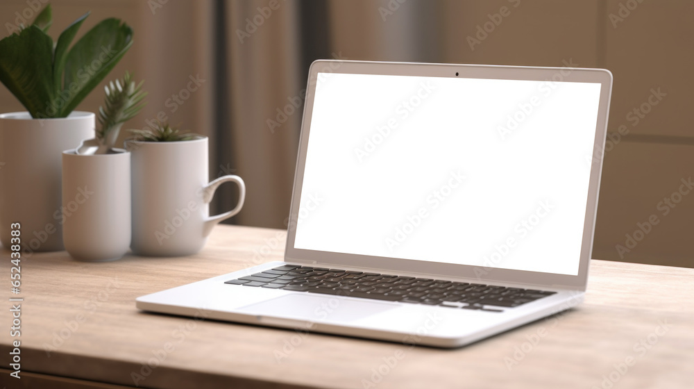 Fototapeta premium mockup image of laptop with blank transparent screen, on the table by the flower in a cozy home living room environment furnishings. Ideal for website marketing and advertising