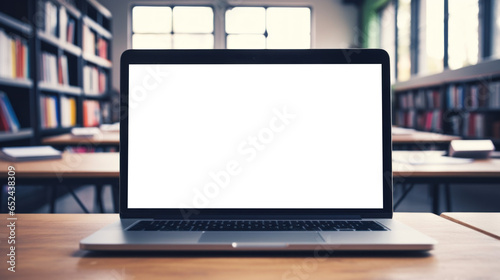 mockup image of laptop with blank transparent screen, on the table by the notebooks and textbooks in a cozy school classroom environment furnishings. Ideal for educational school and university websit