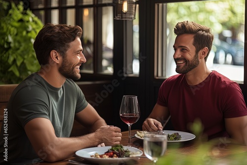 Gay male couple on a date at restaurant. They have fun chatting, getting to know each other and drinking wine. The beginning of a gay couple's relationship.