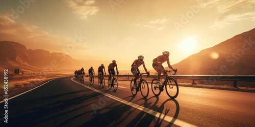 A group of cyclists at sunset © cherezoff