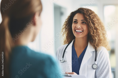 A female doctor discusses with a smiling patient in a hospital, reflecting a positive and compassionate healthcare interaction.