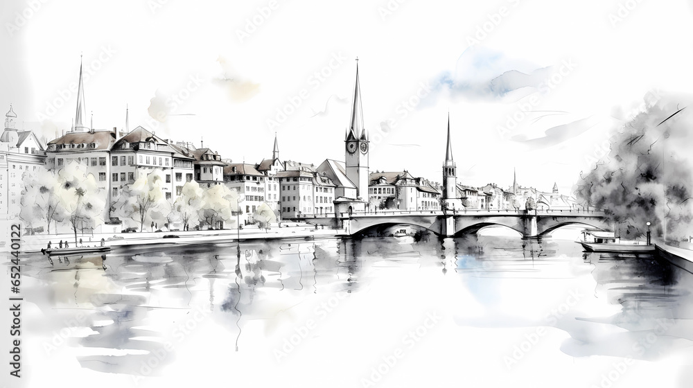 Illustration of beautiful view of the city of Zurich, Switzerland
