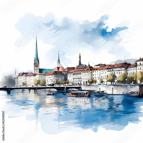 Obraz na płótnie Illustration of beautiful view of the city of Zurich, Switzerland w salonie
