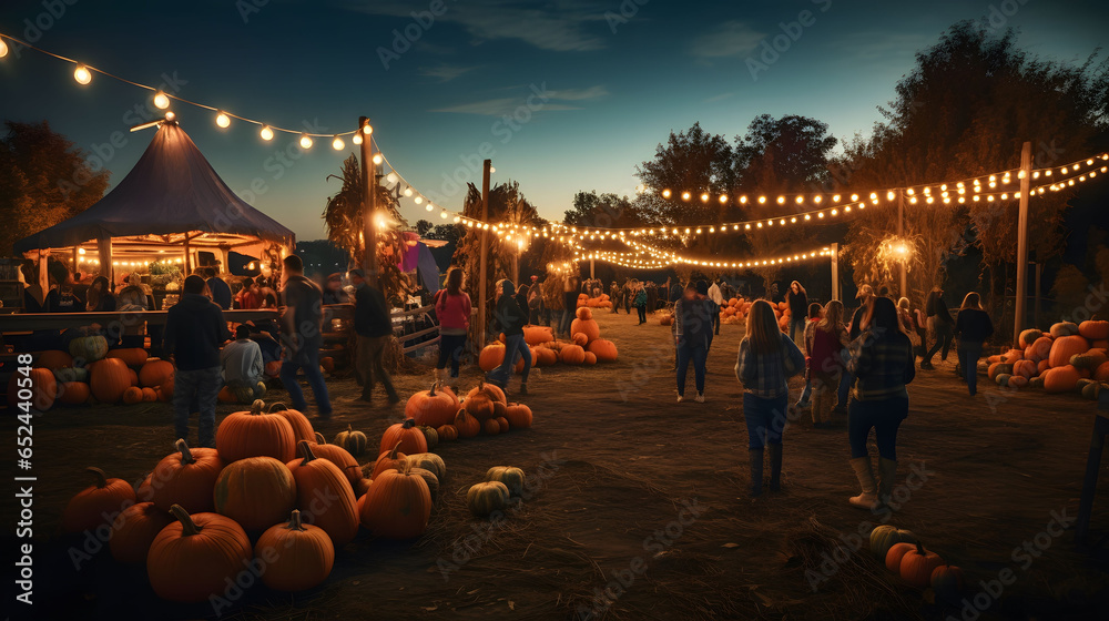 Autumn fall festival with lights, pumpkins and people on a pumpkin patch farm. Halloween party in the park with pumpkins and garlands.