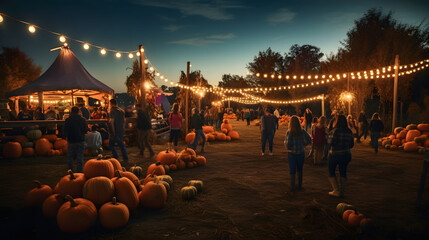 Autumn fall festival with lights, pumpkins and people on a pumpkin patch farm. Halloween party in the park with pumpkins and garlands.