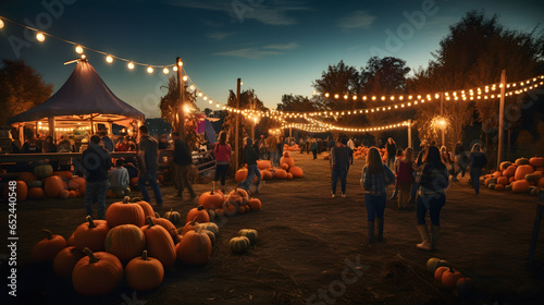 Fototapeta Naklejka Na Ścianę i Meble -  Autumn fall festival with lights, pumpkins and people on a pumpkin patch farm. Halloween party in the park with pumpkins and garlands.