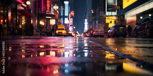 'City of lights' is shown in neon on a wet street in a city, Generative AI.