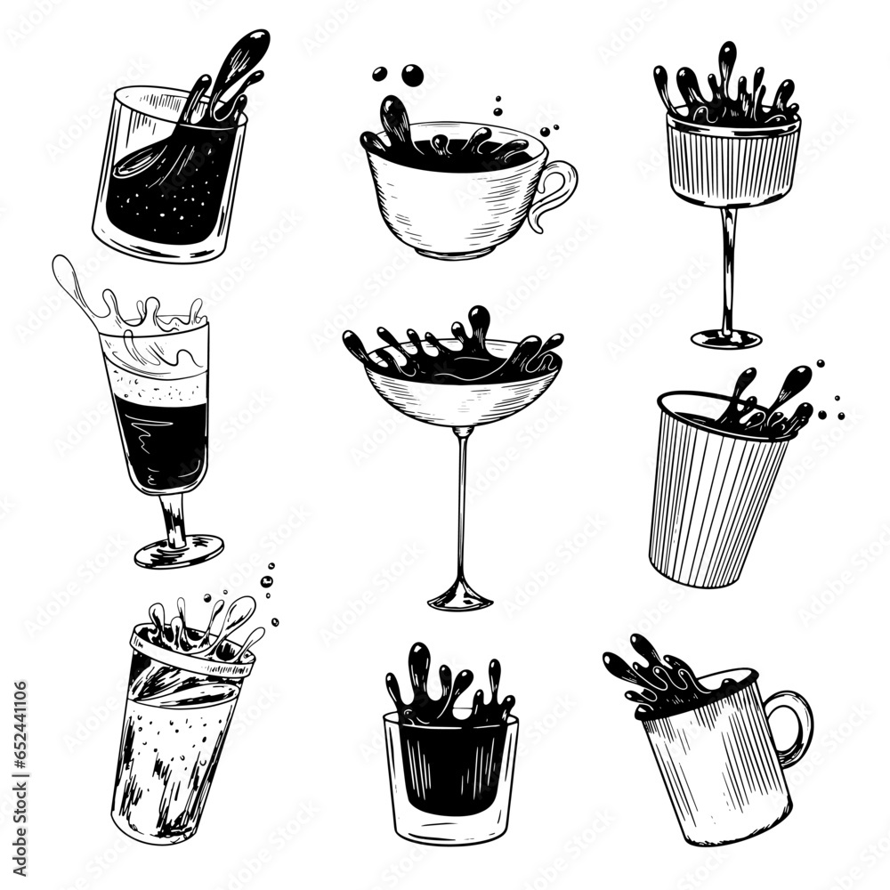 Black and white drinking glass of spilled cocktail. Different spilled drinks. Splash of wine, tea, cocktail, whiskey, coffee. Alcoholic drinks with splash. Beverage drawing with hatching. Sketch style