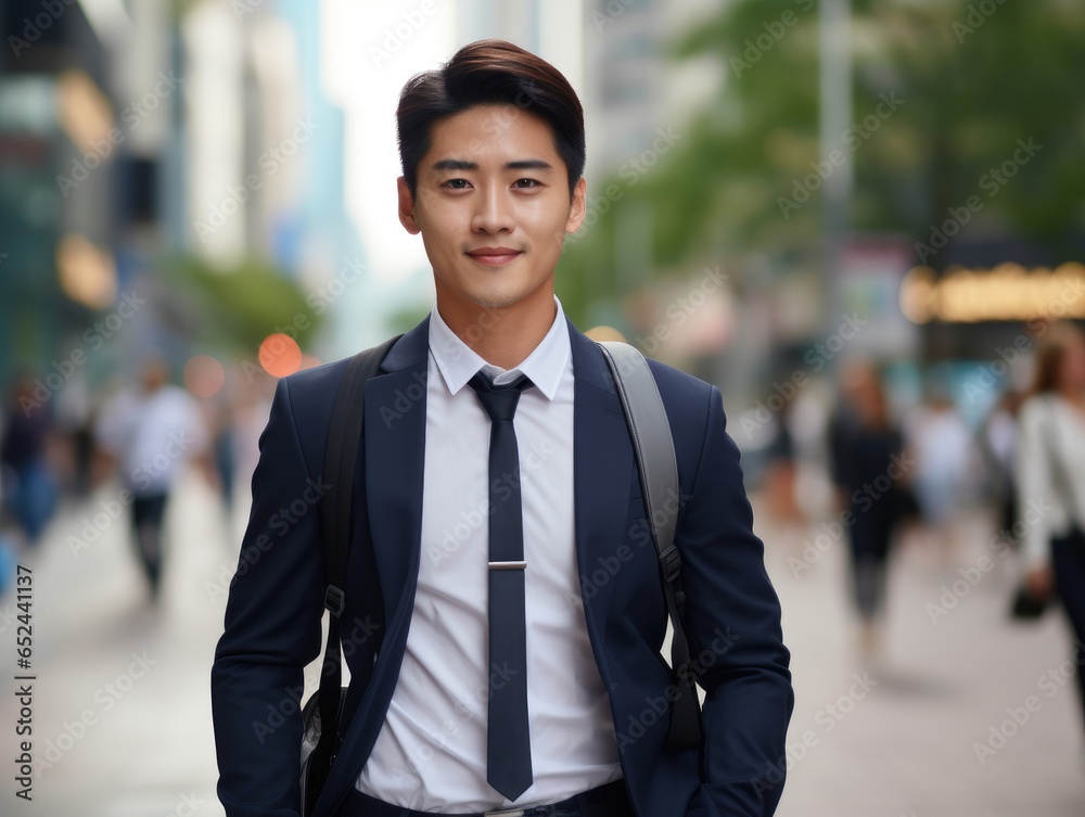 This image features a cheerful Asian businessman in a suit walking through a bustling city street on his way to the office, with the blurred street enhancing the urban vibe.