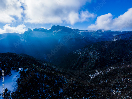 Scene of the snowfall in Puigsacalm Peak, La Garrotxa, Girona, Spain