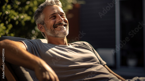 Relaxed man sits in a chair in the backyard of his home