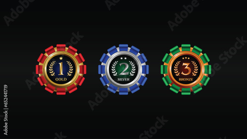 Gold, Silver, and Bronze Medals: A Collection for Winners and Champions, Along with a First-Place Trophy. Vector Illustration.
